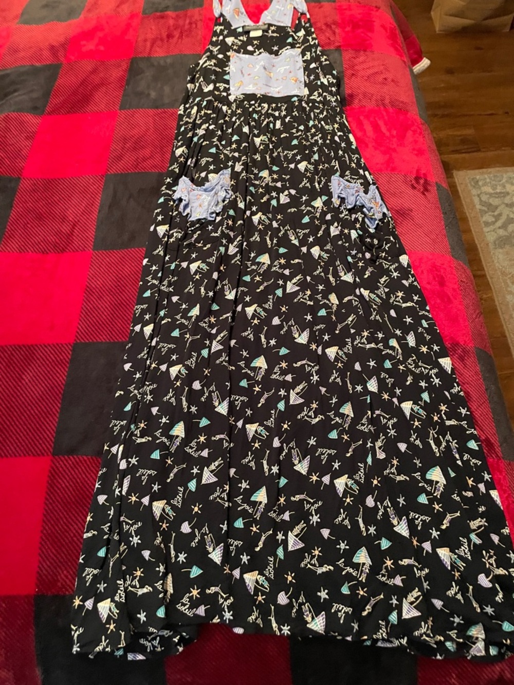 Marshall Rousso Black Maxi Dress with Light Blue and White Accents